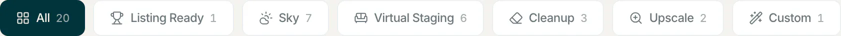Image Studio category filter pills for All, Listing Ready, Sky, Virtual Staging, Cleanup, Upscale, and Custom, each with a count