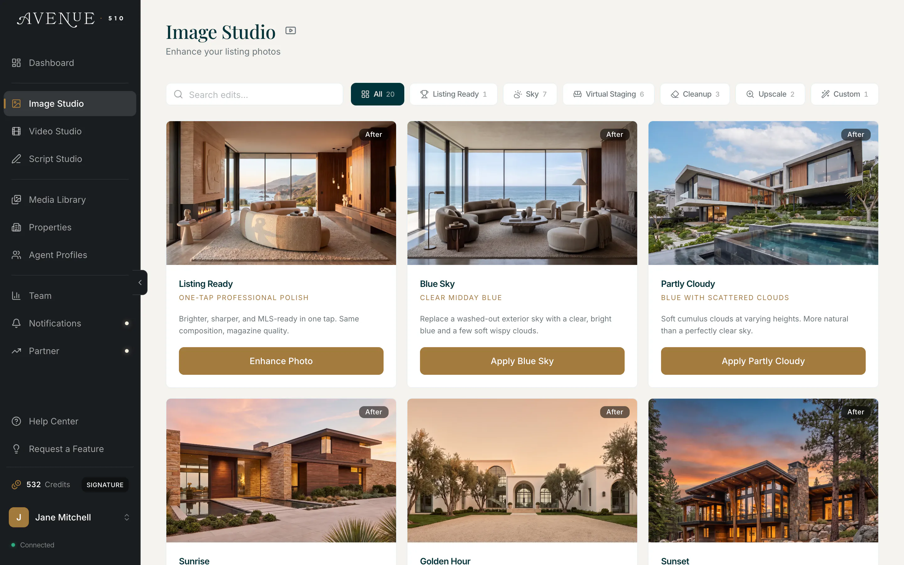 The Image Studio edit catalog, with category filter pills above a grid of edits each showing an example result