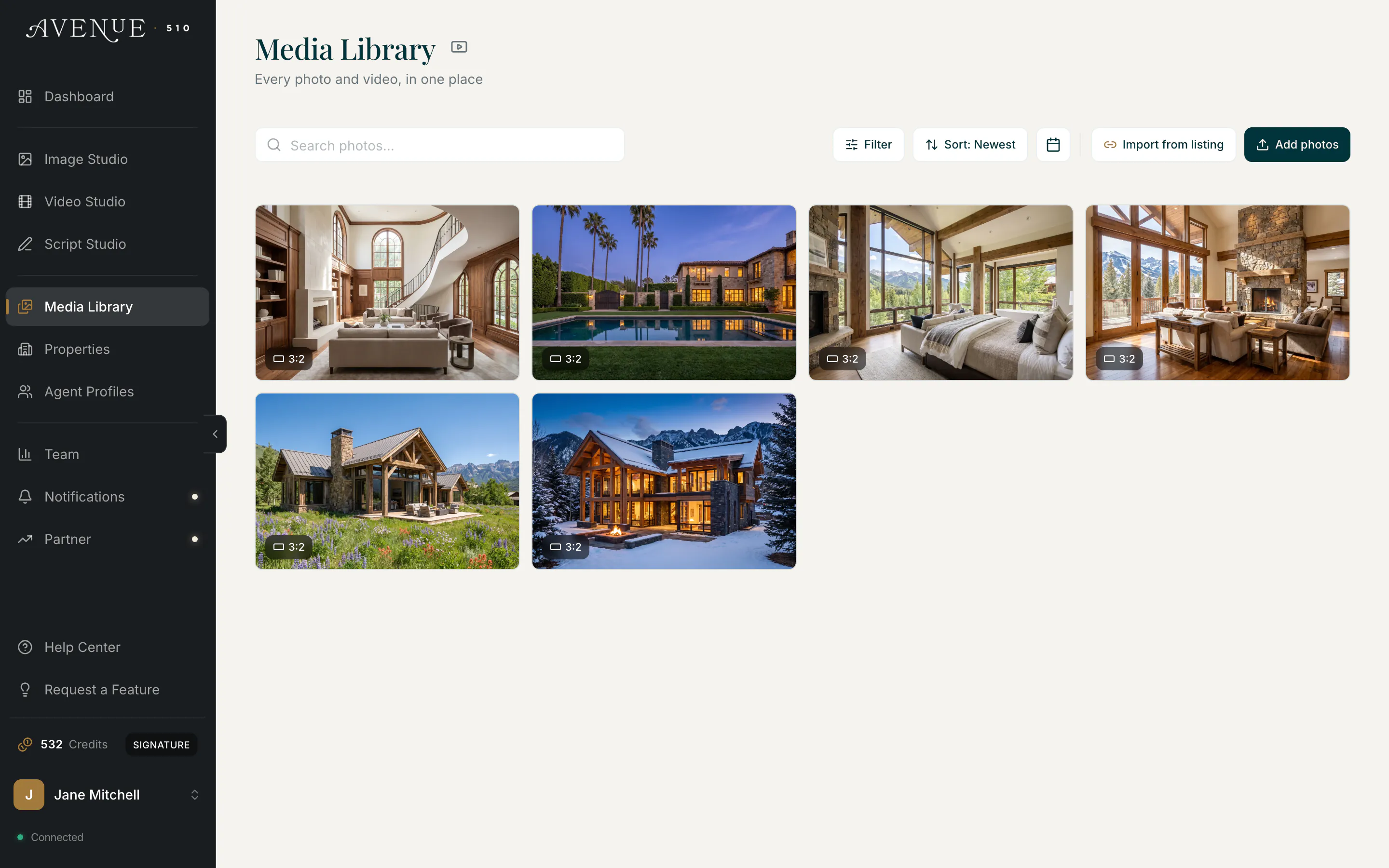 The Media Library grid of listing photos, with search, filter, sort, and Add photos controls above it