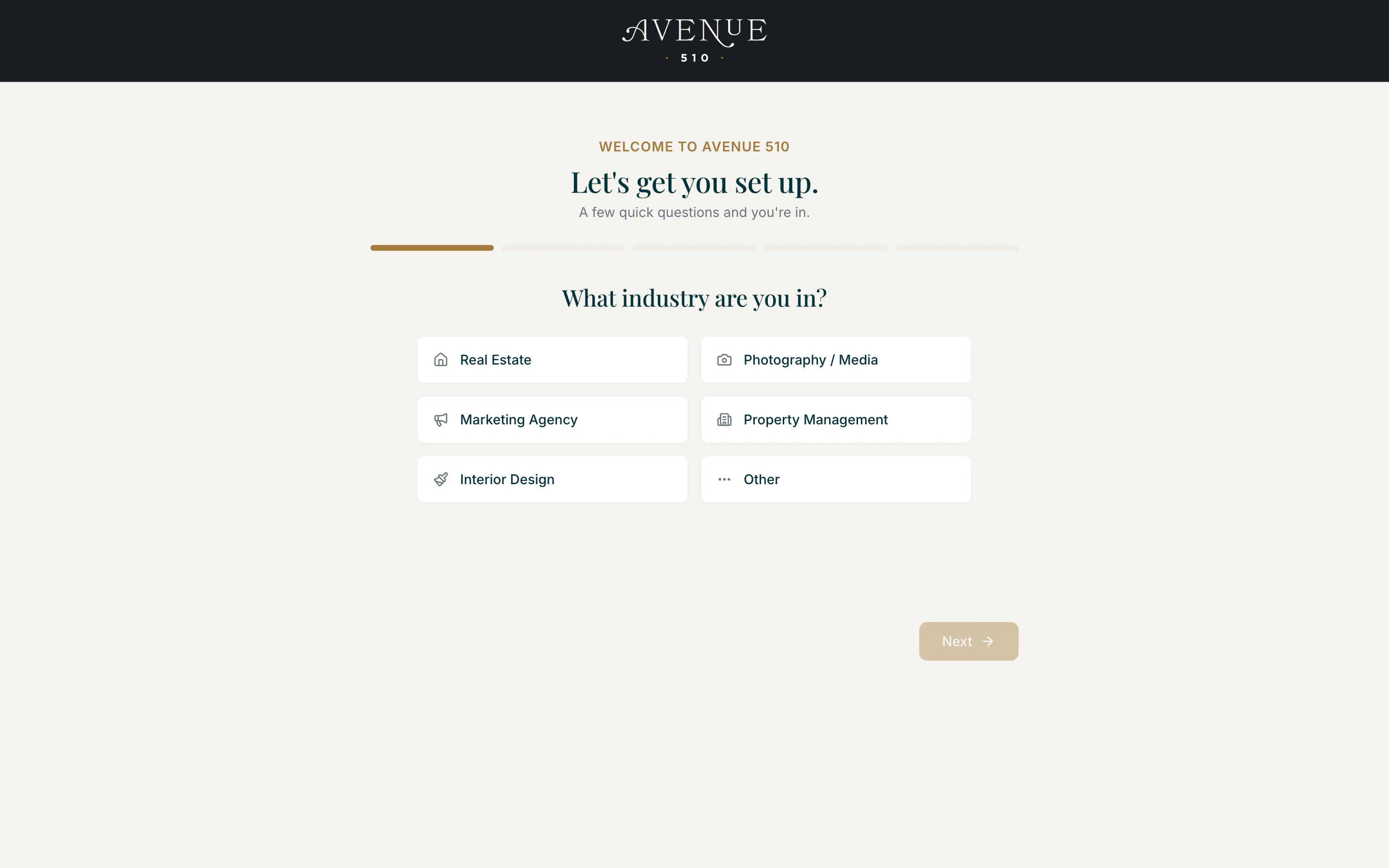 Avenue 510 onboarding asking which industry you work in, with Real Estate among the options