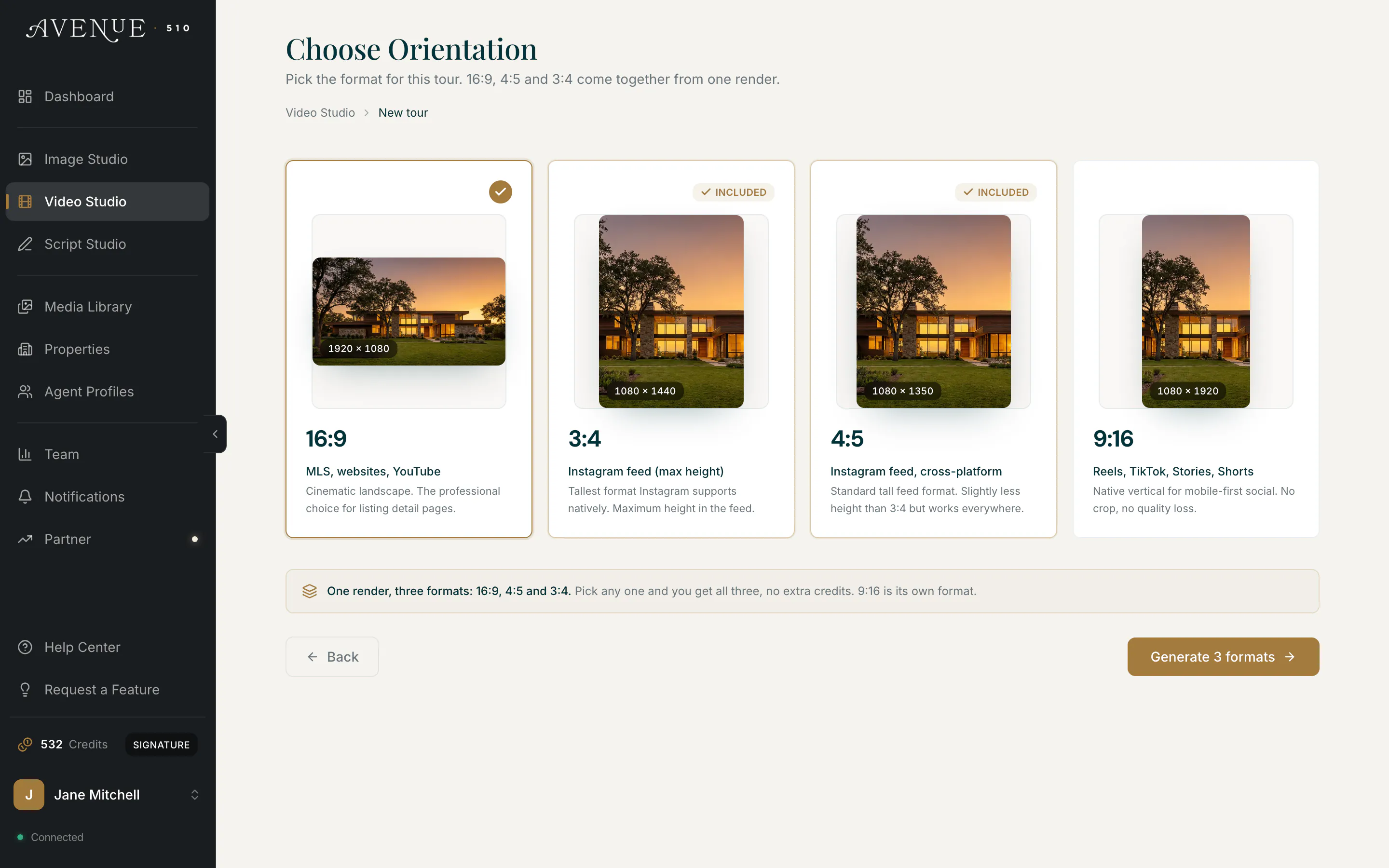 16:9 selected, with 3:4 and 4:5 marked Included and the button reading Generate 3 formats