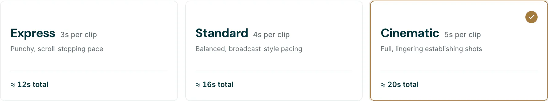 The pacing options Express, Standard, and Cinematic, each showing its seconds per clip and the resulting total tour length
