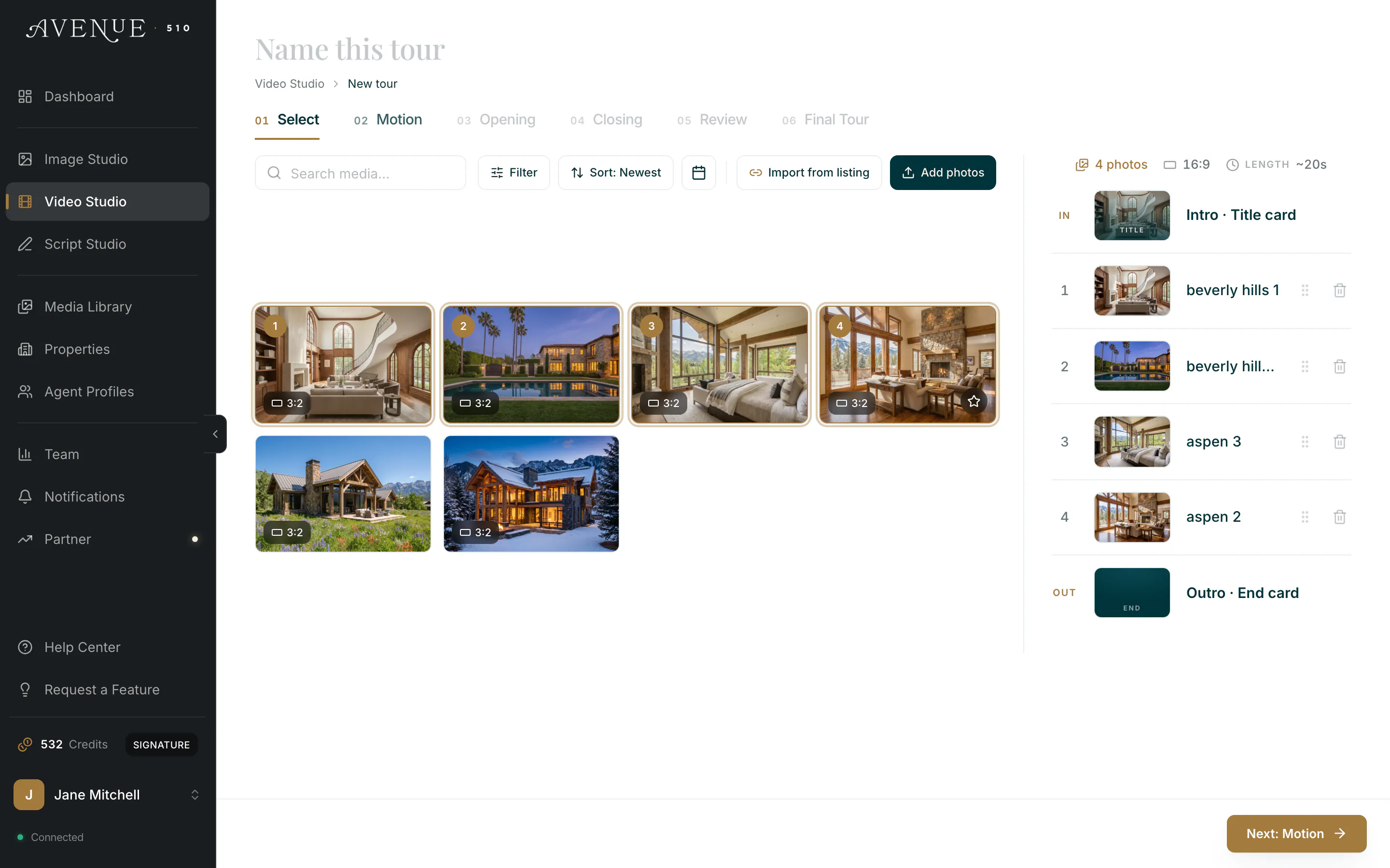 Step 01 Select, with listing photos chosen on the left and queued in tour order on the right